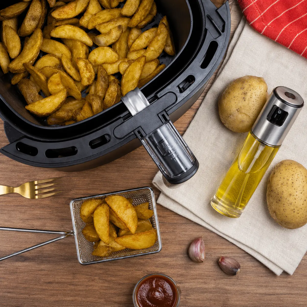 Aceite en spray para freidora de aire aplicado sobre patatas antes de cocinar
