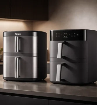 Comparativa de freidoras de aire verticales tipo torre y double stack con doble cajón, diseño moderno y gran capacidad en cocina moderna.