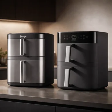 Comparativa de freidoras de aire verticales tipo torre y double stack con doble cajón, diseño moderno y gran capacidad en cocina moderna.