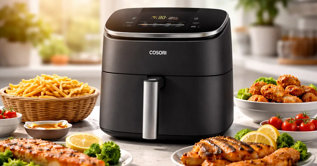 Freidora de aire Cosori CP158-AF (5,5 L) en cocina, con platos de ejemplo