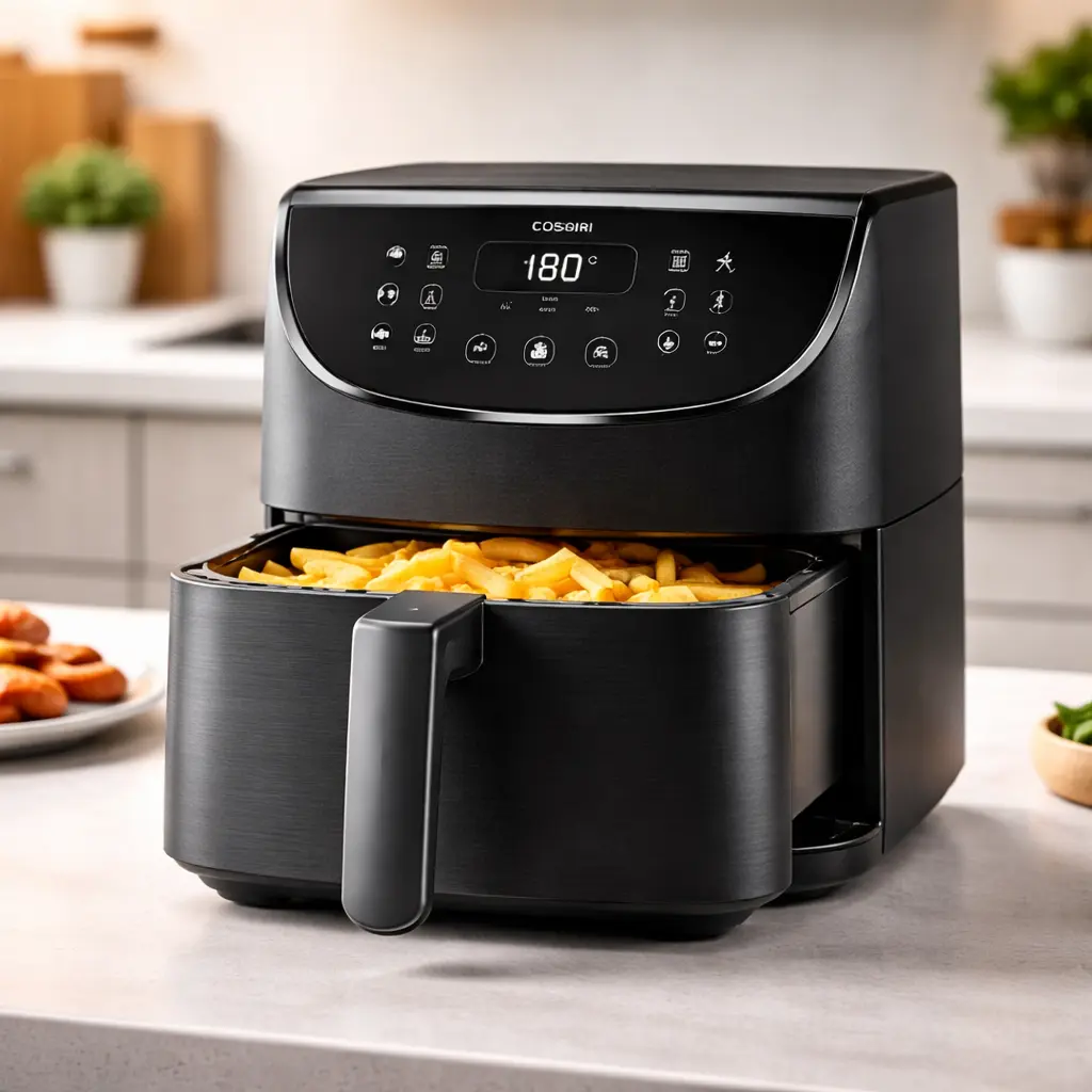 Freidora de aire Cosori negra en encimera, con cesta abierta y patatas