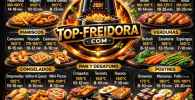 Infografía con tabla de tiempos y temperaturas recomendadas para freidora de aire: papas fritas, nuggets, carnes, mariscos, verduras, congelados, pan y postres.