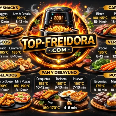 Infografía con tabla de tiempos y temperaturas recomendadas para freidora de aire: papas fritas, nuggets, carnes, mariscos, verduras, congelados, pan y postres.