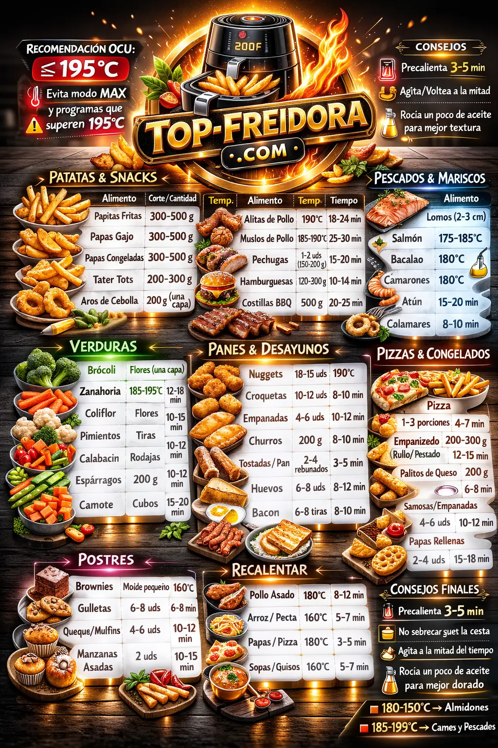 Recomendación OCU (195 ºC) y criterios clave para usar rangos en airfryer: grosor, carga y flujo de aire