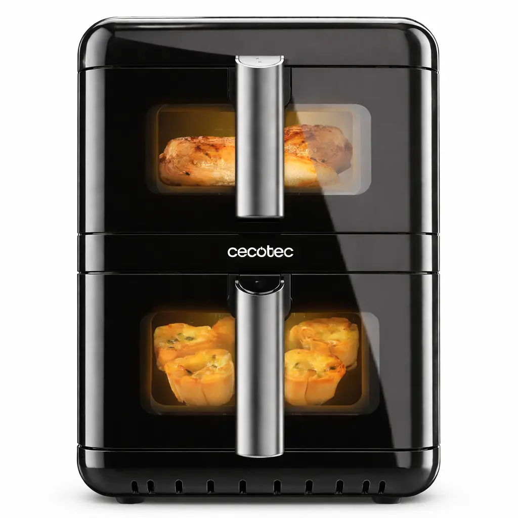 Cecotec Cecofry DuoLevel 12000 Window en vista frontal, freidora de aire vertical de 12 litros con doble cubeta y ventana