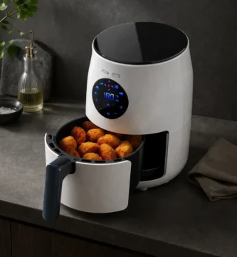 freidora de aire Taurus Respire compacta con cesta abierta y alimentos cocinados en encimera de cocina moderna