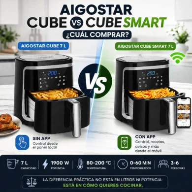 Aigostar Cube vs Cube Smart 7L, freidora de aire 1900W con y sin app, diferencias de uso familiar