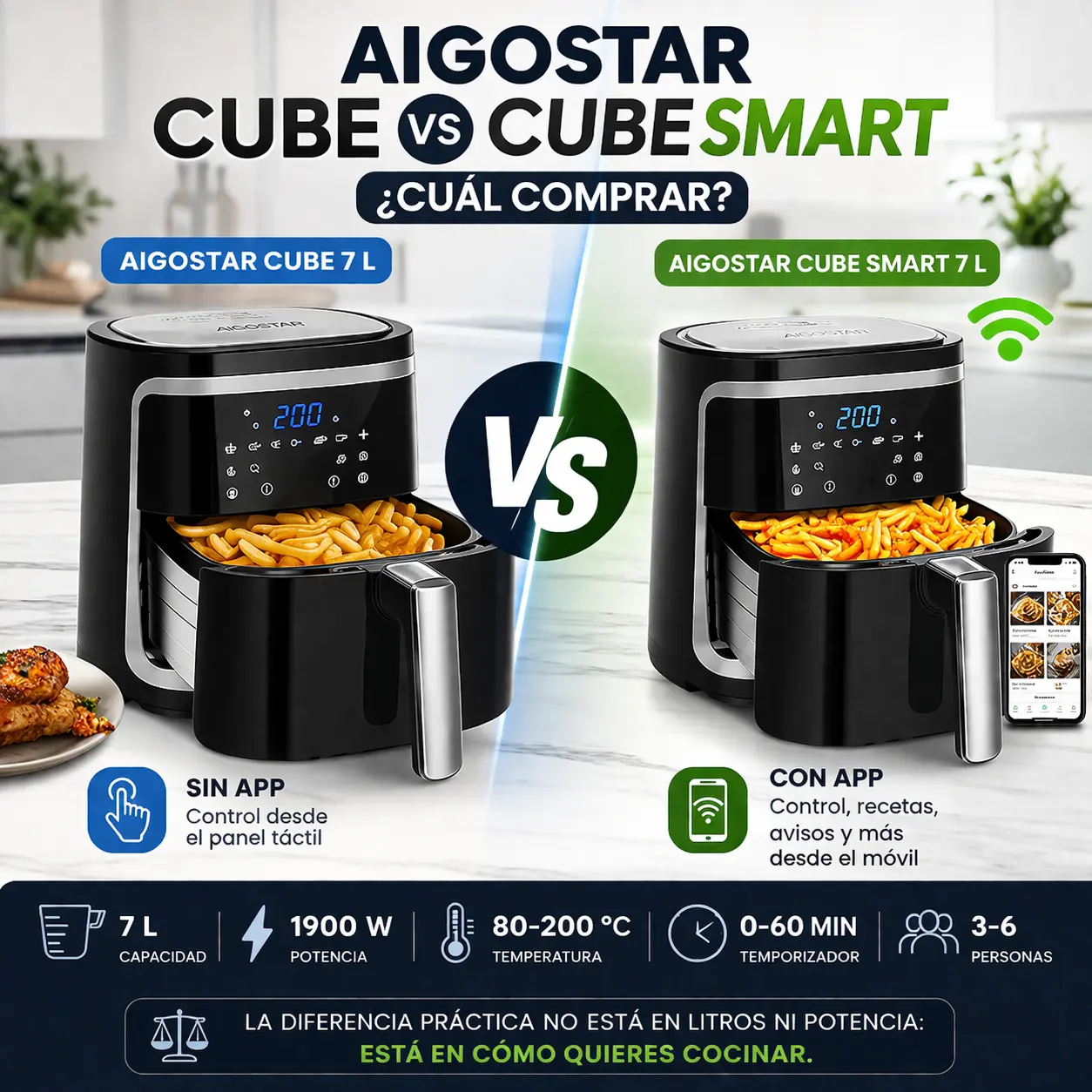 Aigostar Cube vs Cube Smart comparativa de freidoras de aire Aigostar 7 litros con opiniones y app