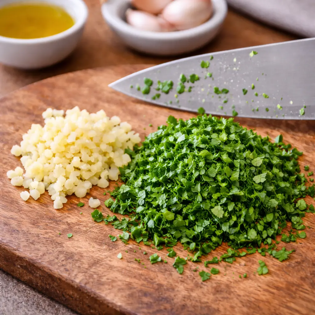 Ajo y perejil picados para preparar merluza en freidora de aire