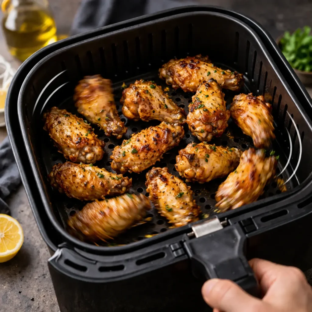 alitas de pollo doradas y crujientes en freidora de aire a 200 grados