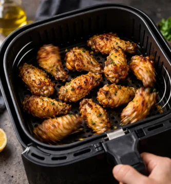 alitas de pollo doradas y crujientes en freidora de aire a 200 grados