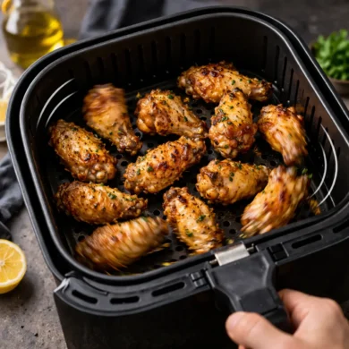 alitas de pollo doradas y crujientes en freidora de aire a 200 grados