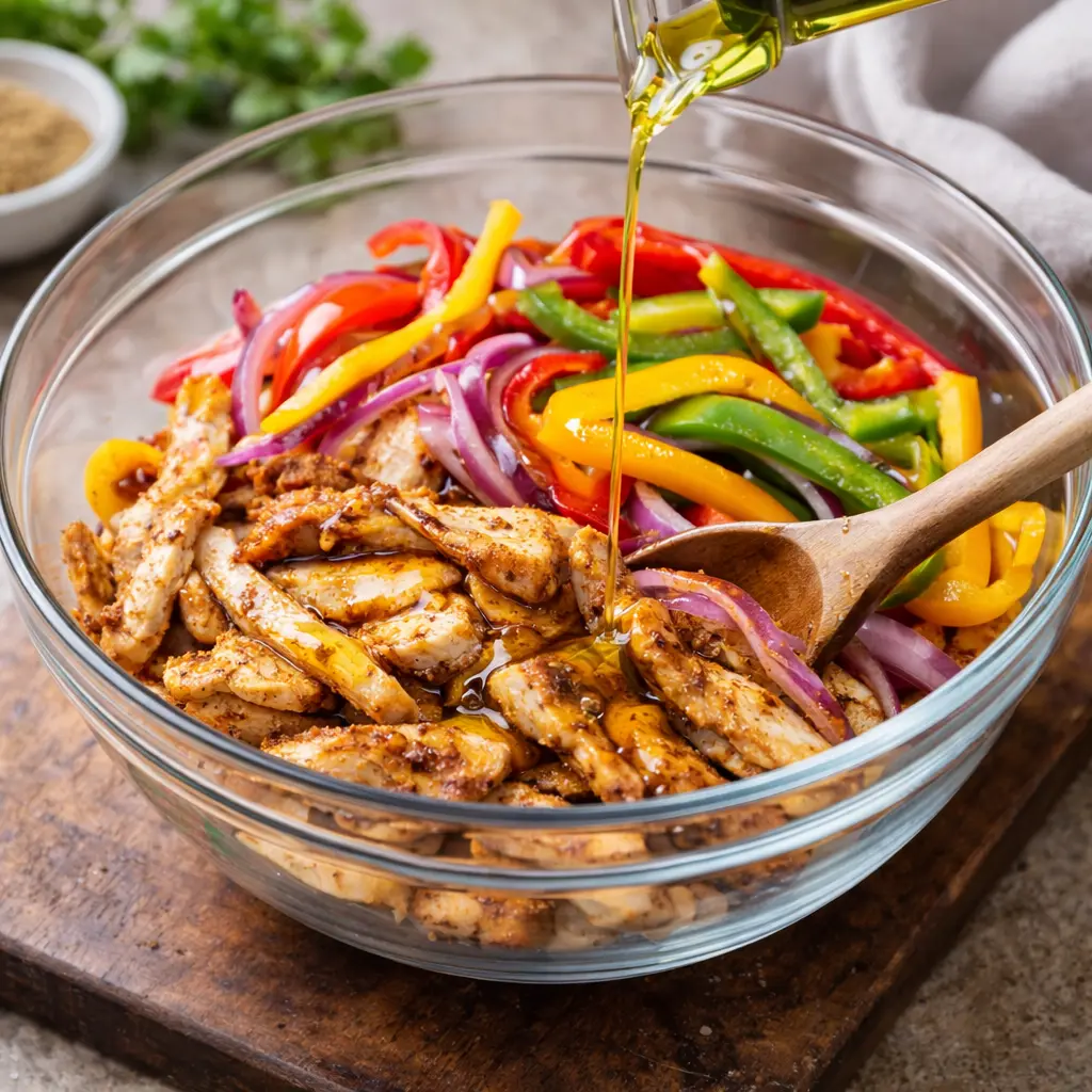 Añadir aceite de oliva al pollo y verduras para fajitas