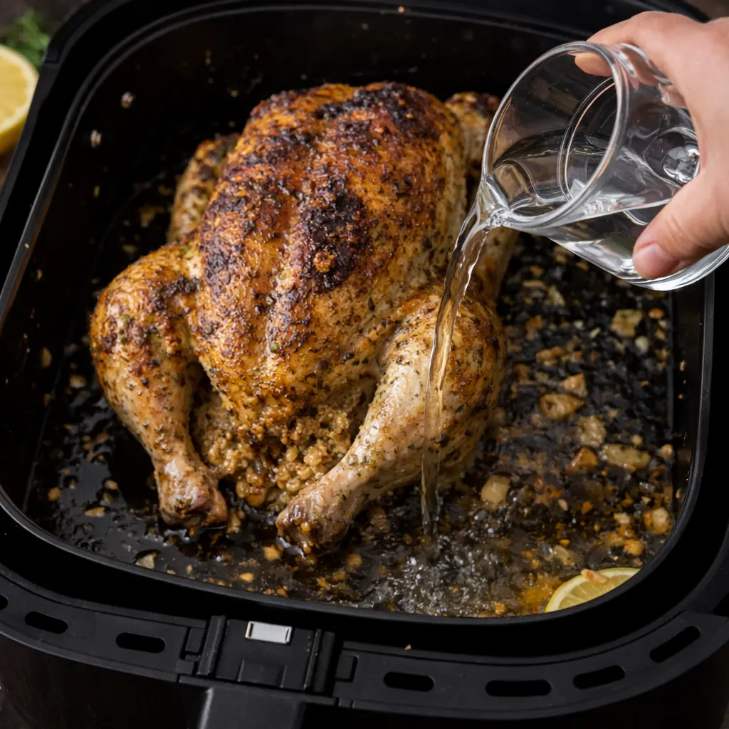 Añadir agua a los jugos del pollo entero en airfryer durante la cocción