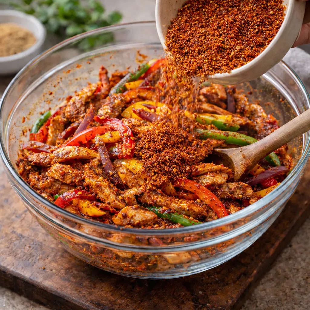 Añadir especias al pollo y verduras para fajitas en airfryer