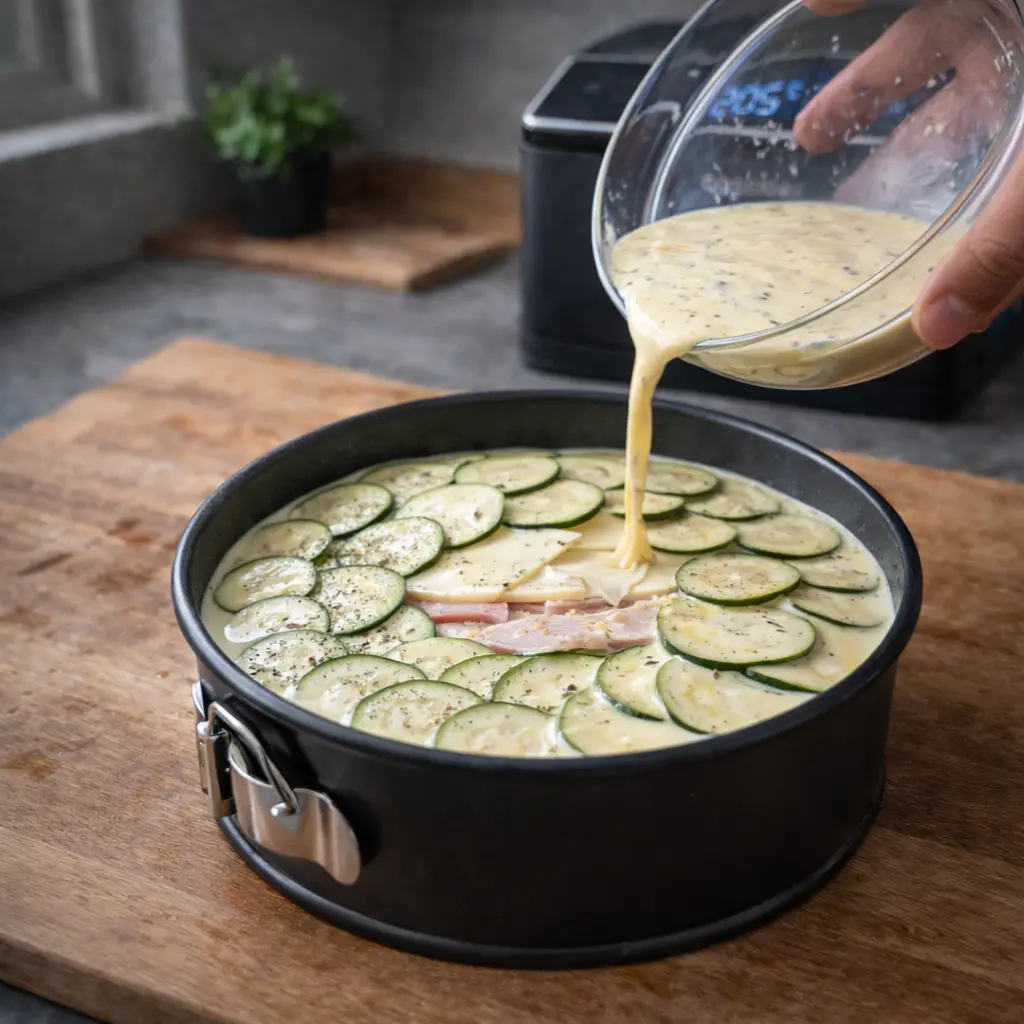 Añadir la mezcla de huevo y nata al pastel de calabacín antes de cocinarlo