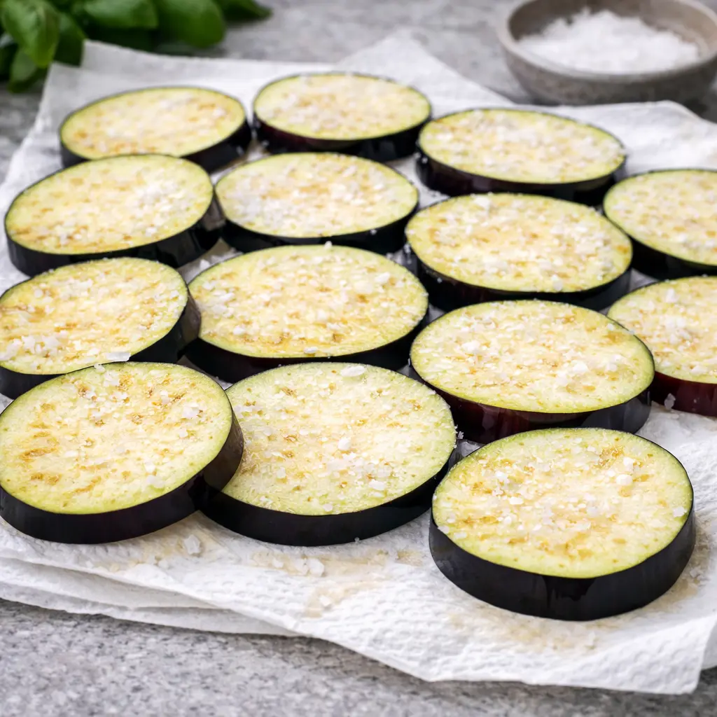 Berenjena en rodajas con sal antes de freidora de aire keto