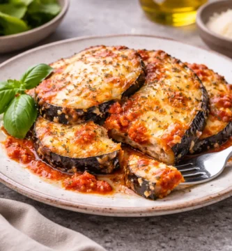 Plato de berenjena parmesana keto con tomate y queso fundido cocinada en freidora de aire