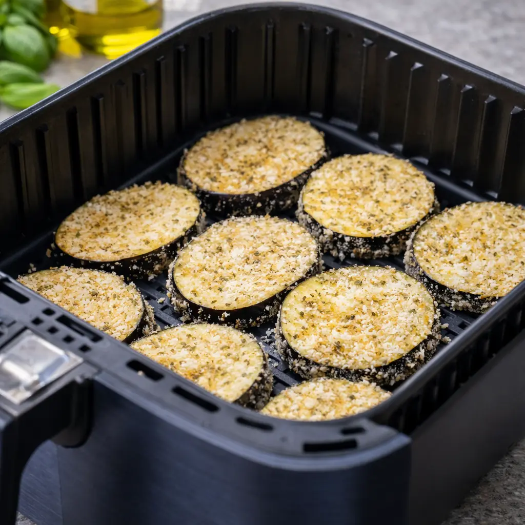 Berenjena rebozada keto colocada en cesta de freidora de aire