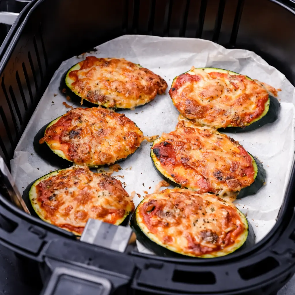 Rodajas de calabacín con tomate y queso gratinadas en freidora de aire listas para servir