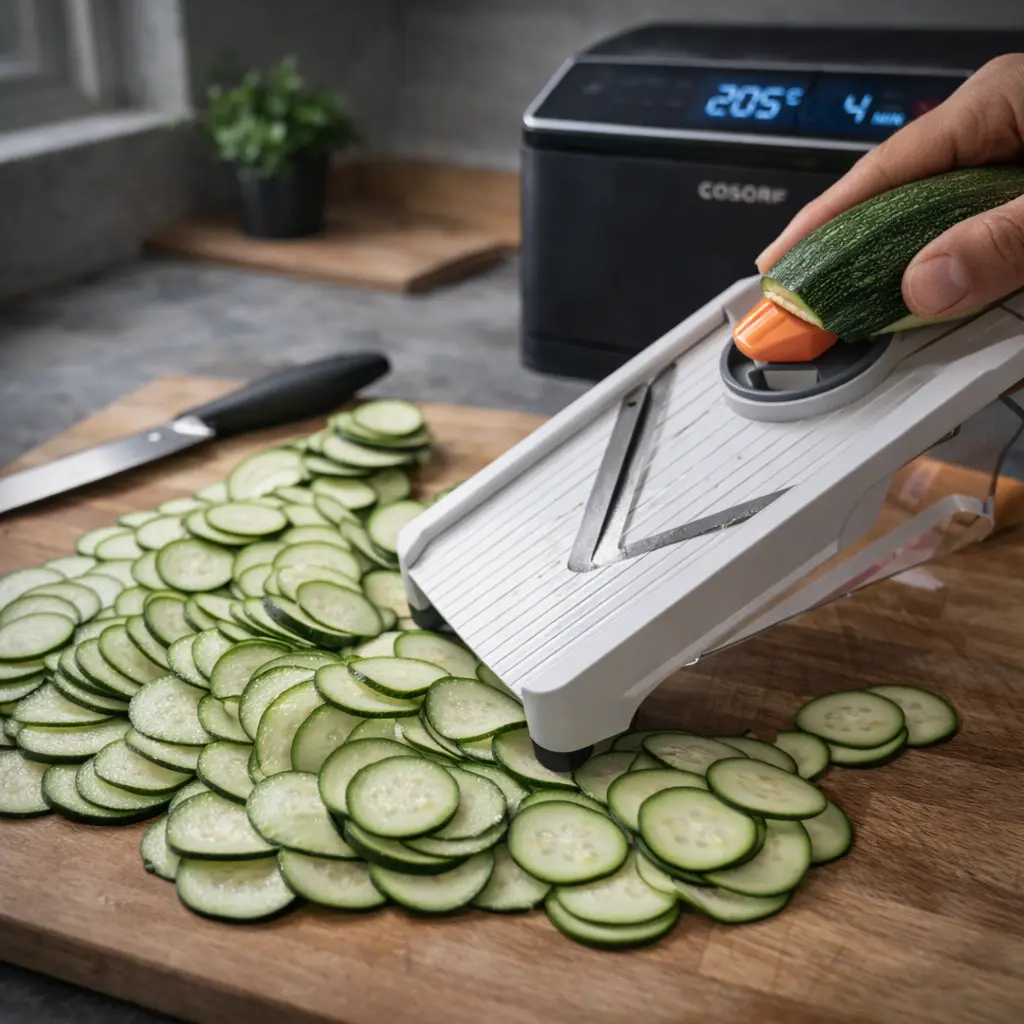 Calabacín cortado en rodajas finas con mandolina para el pastel en airfryer