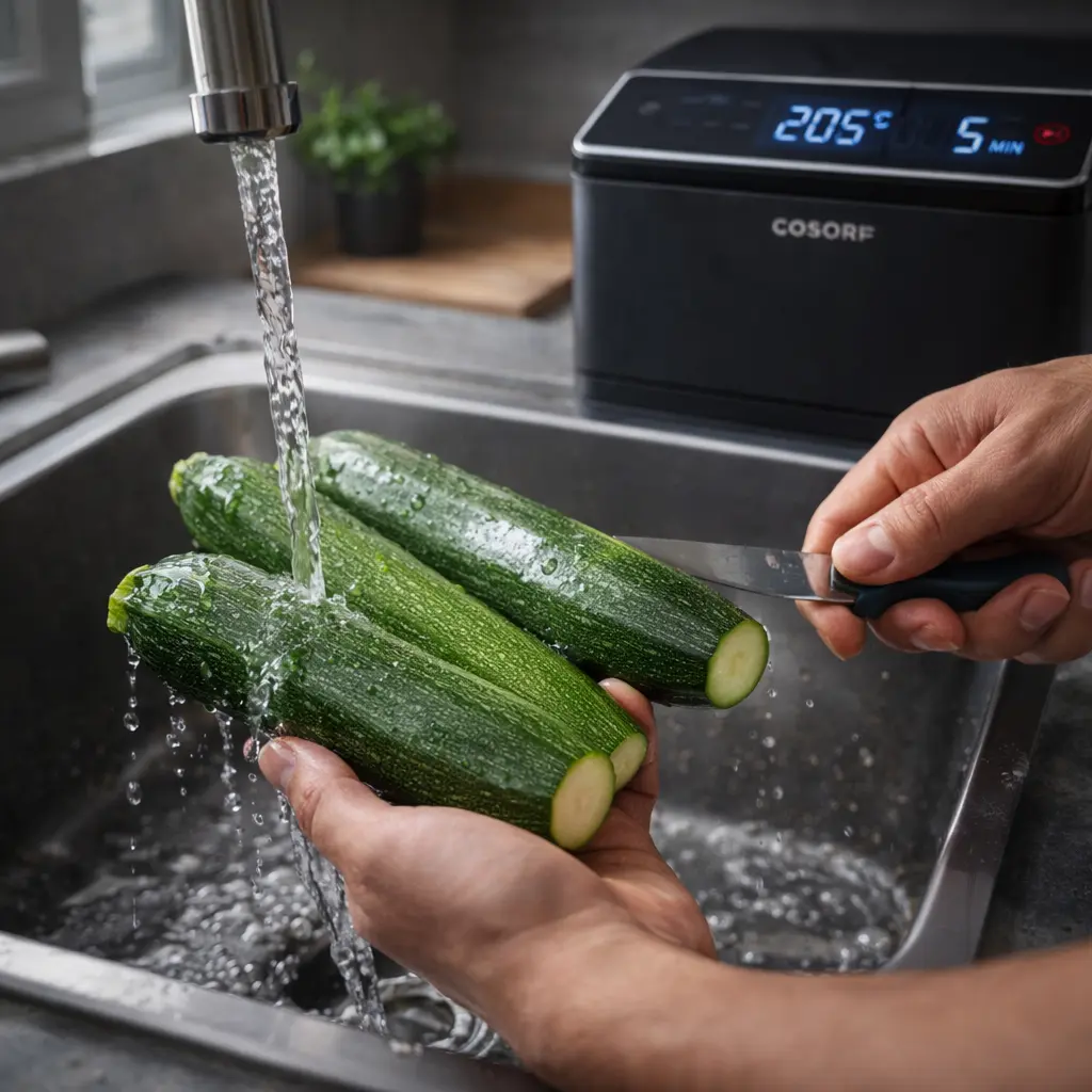 Calabacín lavado y freidora de aire precalentando a 205 grados para hacer el pastel