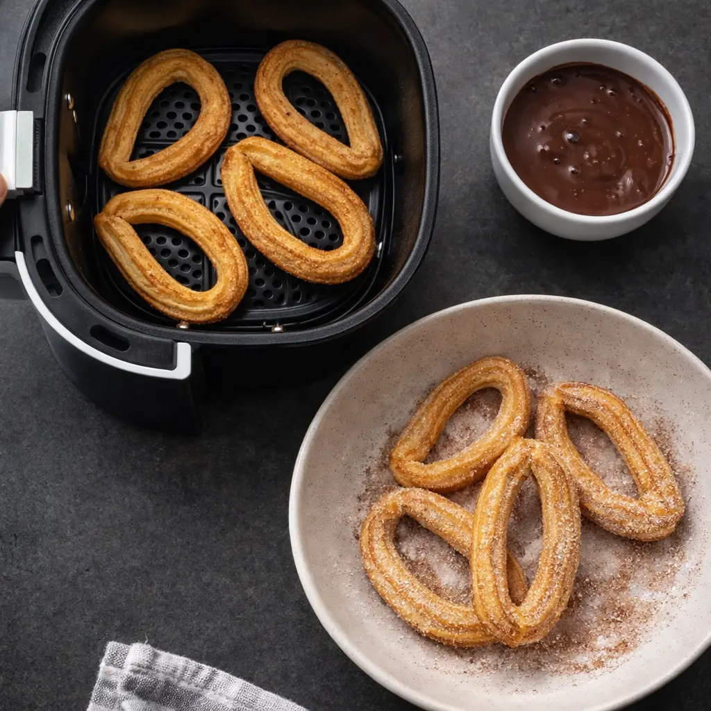 Churros en freidora de aire con chocolate caliente