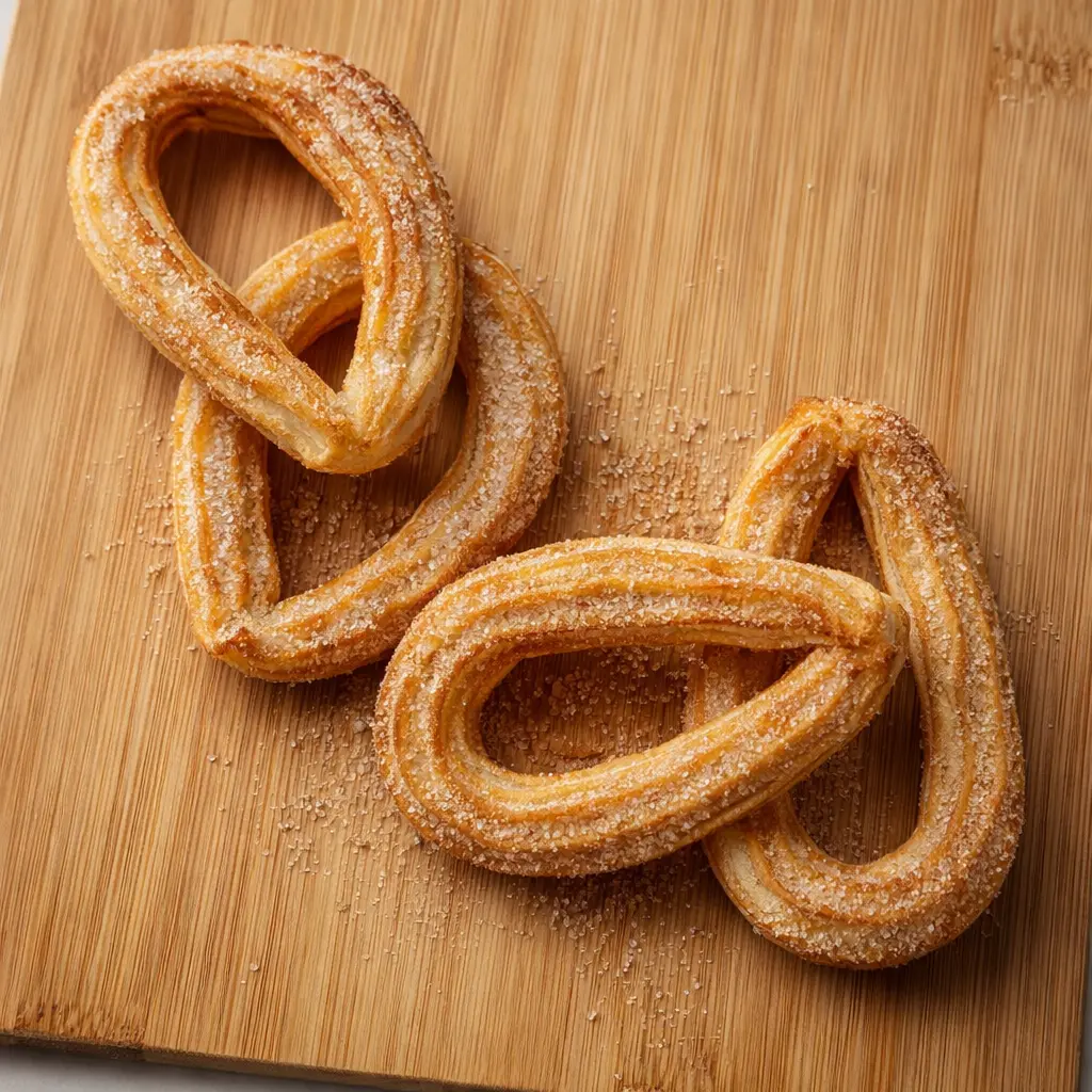 Churros caseros en air fryer dorados y crujientes con azúcar sobre tabla de madera, textura real y acabado premium