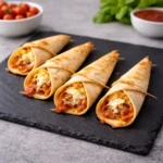 Conos de pizza en freidora de aire con tortilla dorada y queso fundido en el interior