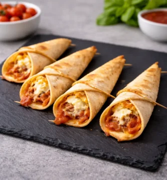 Conos de pizza en freidora de aire con tortilla dorada y queso fundido en el interior