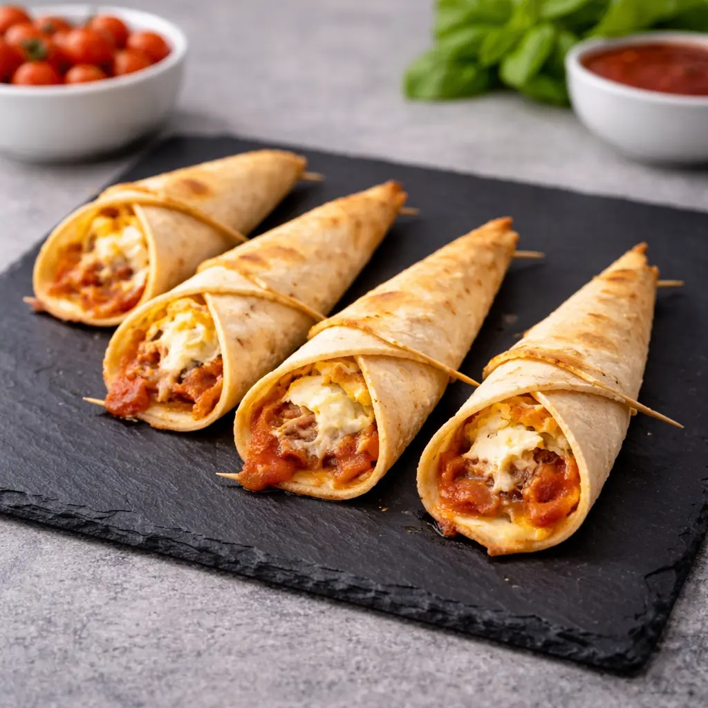 Conos de pizza en freidora de aire con tortilla dorada y queso fundido en el interior