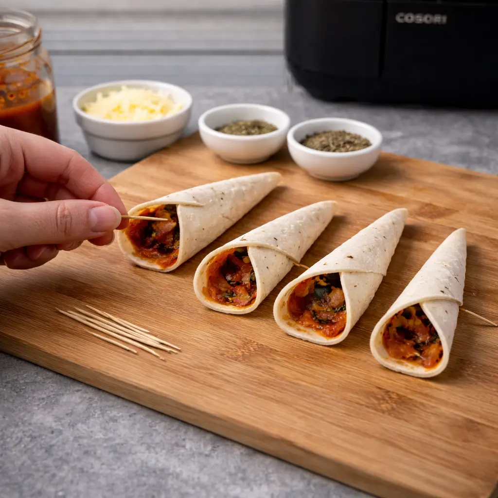 Conos de pizza formados con tortilla y palillo antes de cocinar en freidora de aire