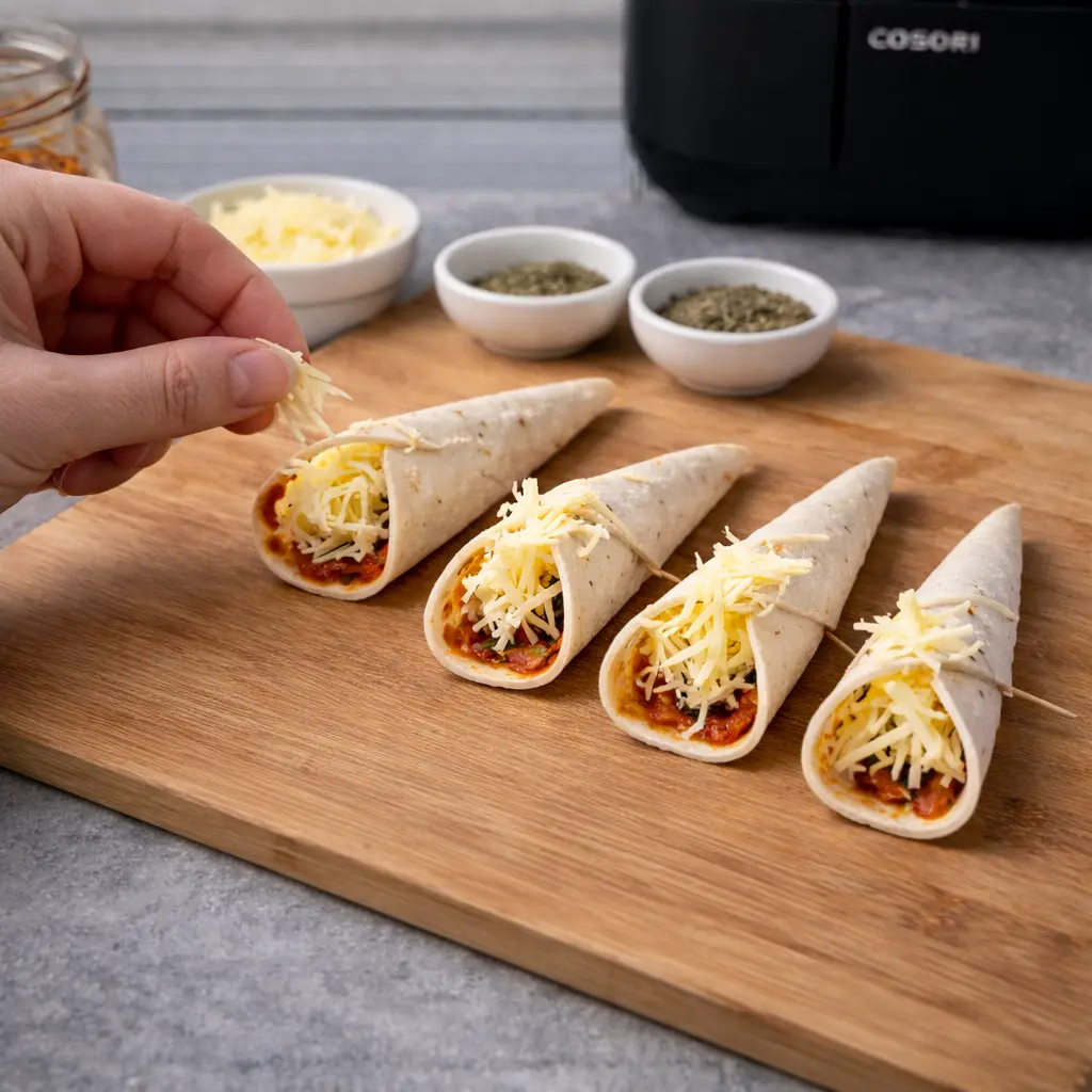 Conos de pizza rellenos de queso antes de cocinar en freidora de aire