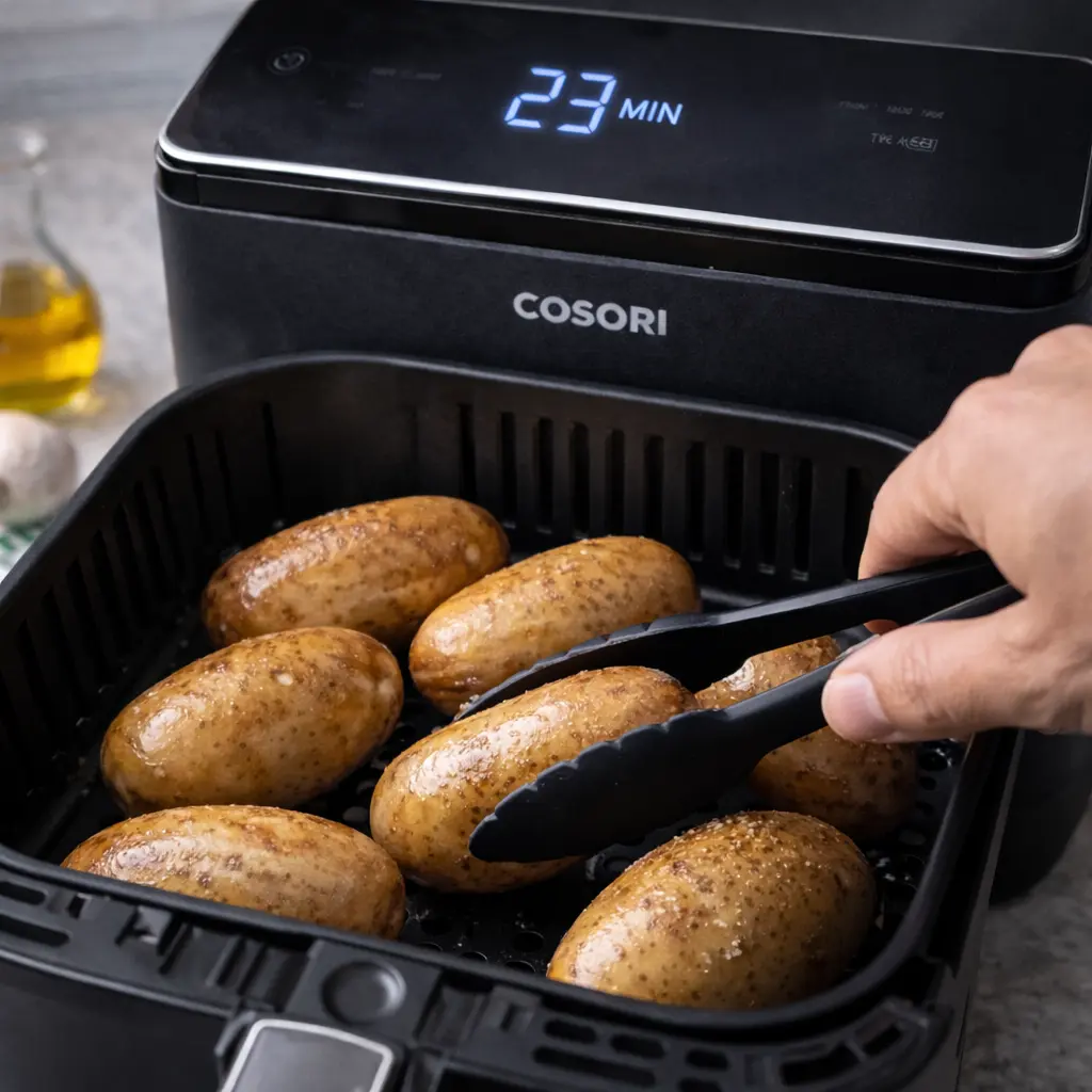 Dar la vuelta a las patatas en freidora de aire a mitad de cocción