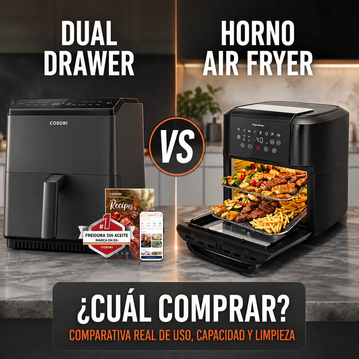 Cosori Dual Blaze frente a horno air fryer de 12 litros comparativa de formato cajón y formato horno