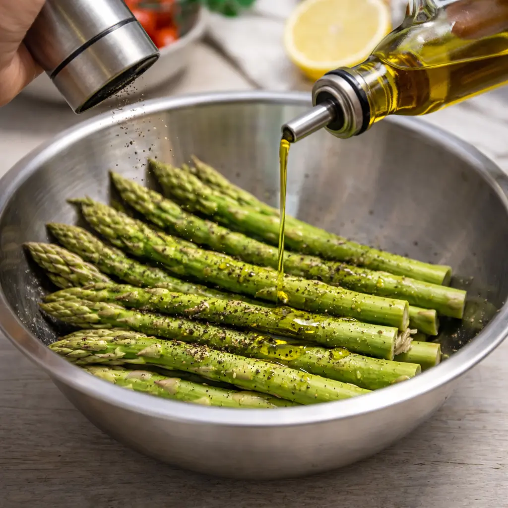 Espárragos con aceite y pimienta en la preparación previa antes de la airfryer