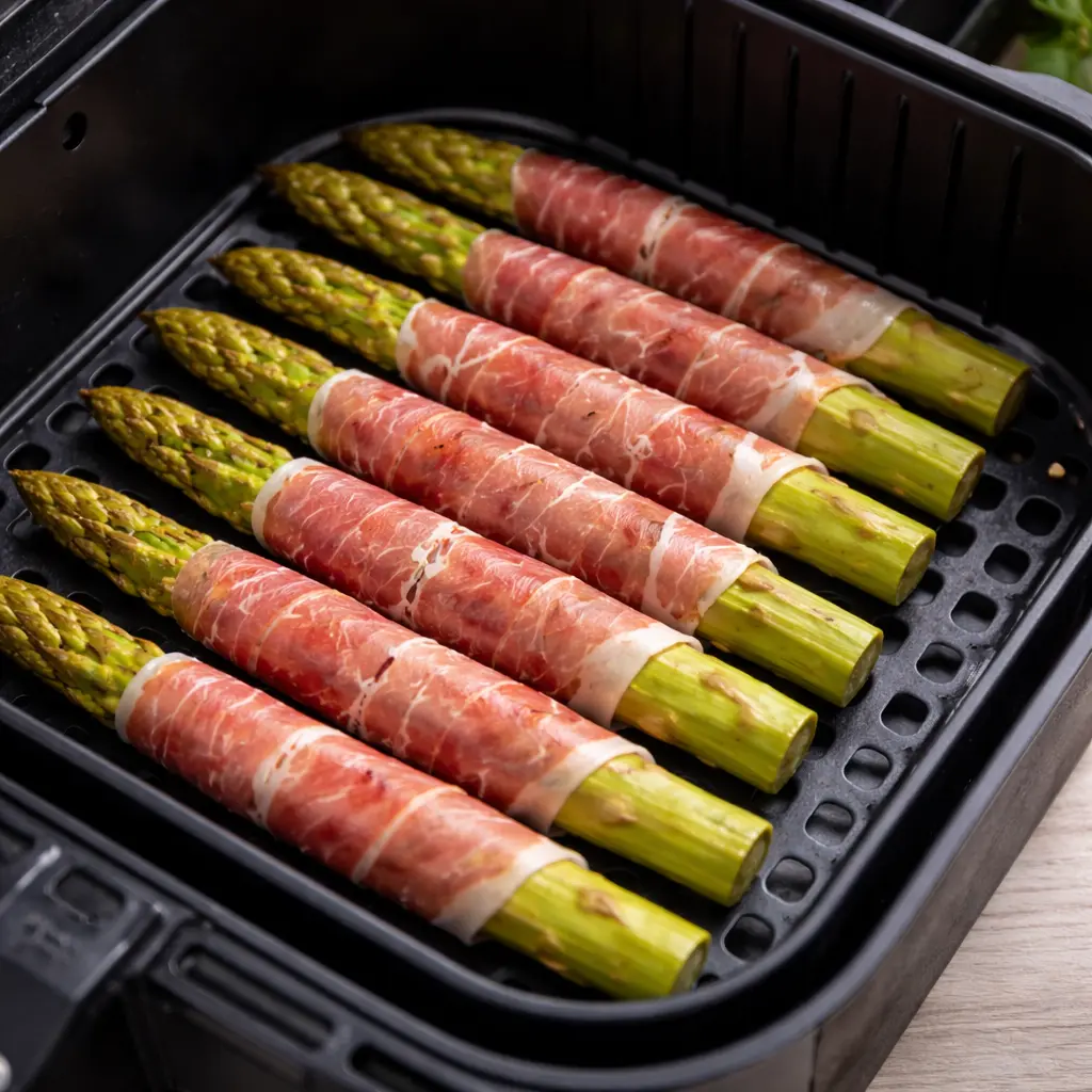 Espárragos con jamón colocados en la cesta de la airfryer sin amontonarse