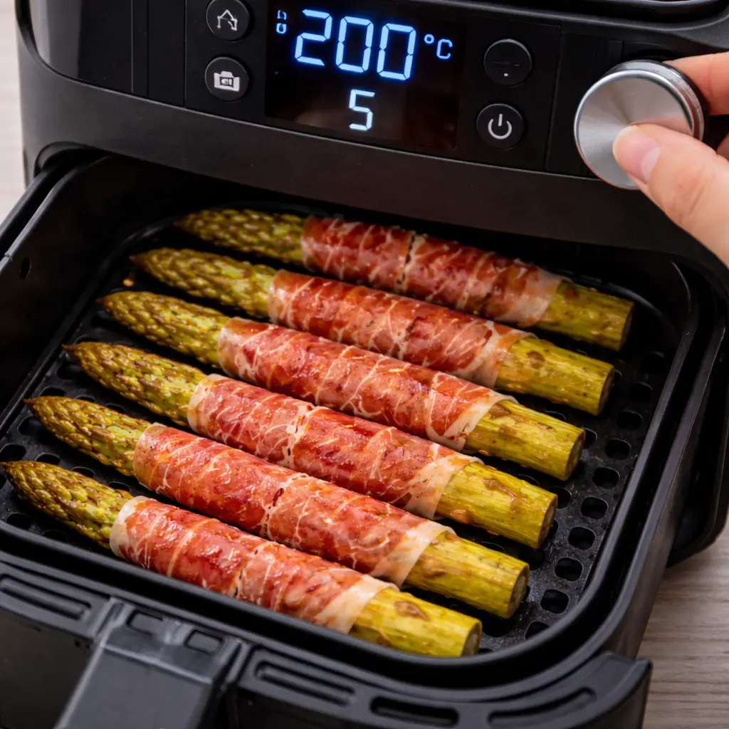Espárragos con jamón cocinándose en freidora de aire a 200 grados