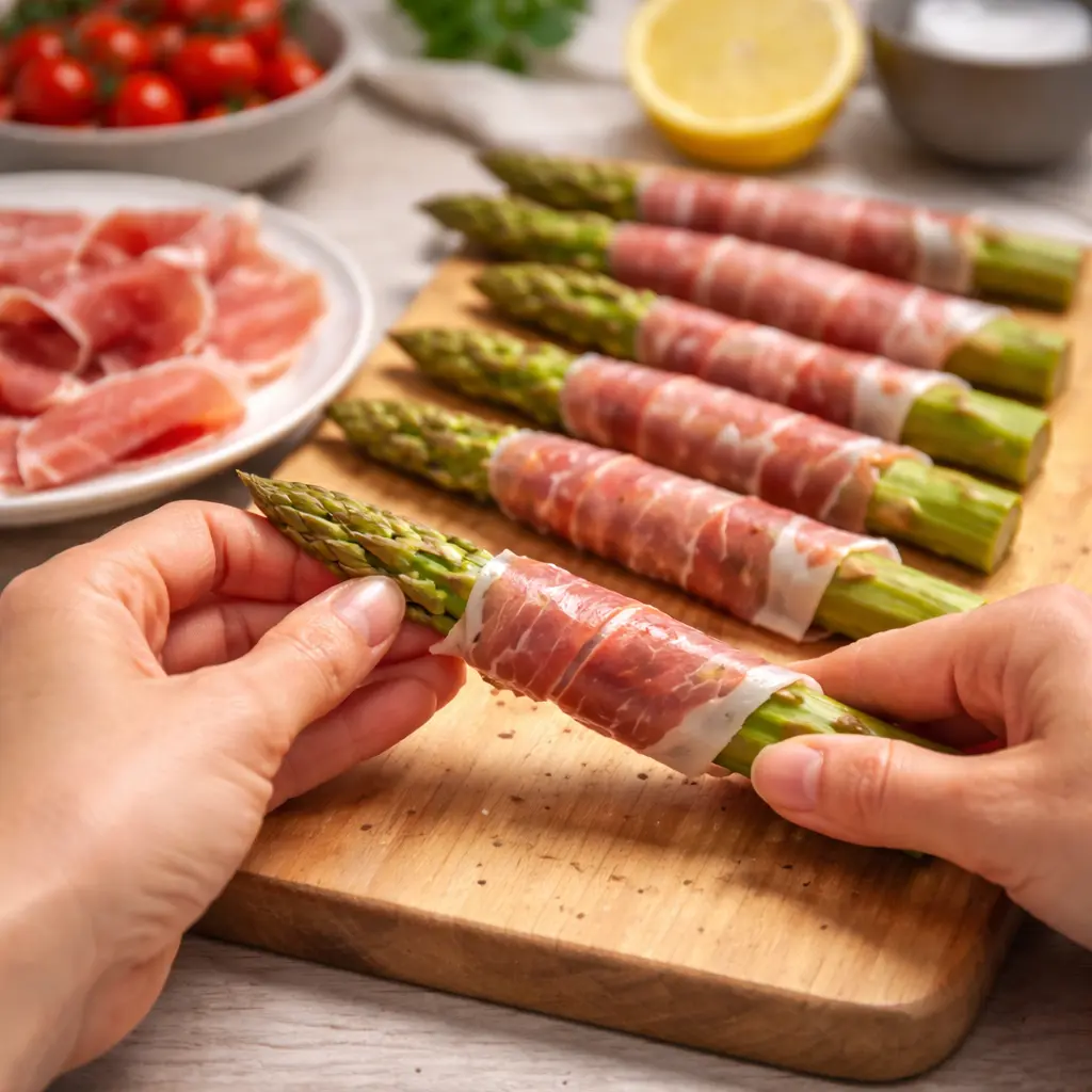 Espárragos envueltos en jamón crudo antes de entrar en la freidora de aire