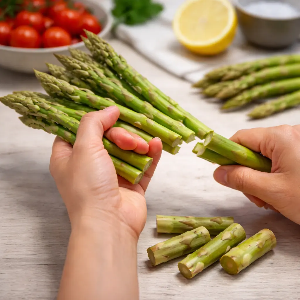 Espárragos frescos cortando la parte dura antes de cocinarlos en la freidora de aire