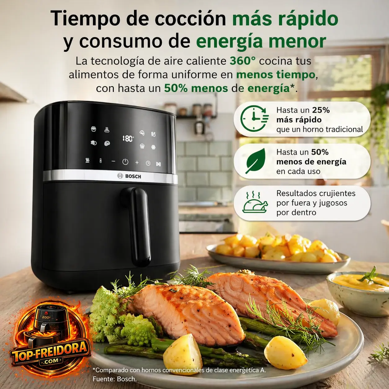 Freidora Bosch 6,1 L cocina más rápido y consume menos energía