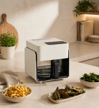 airfryer CREATE Studio Crystal con bandeja de cristal en cocina premium con platos preparados