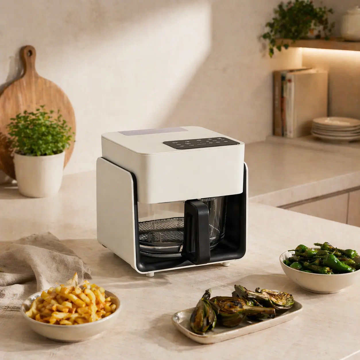 airfryer CREATE Studio Crystal con bandeja de cristal en cocina premium con platos preparados