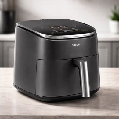 Freidora de aire Cosori negra compacta con pantalla digital sobre encimera de cocina moderna en imagen premium 1:1