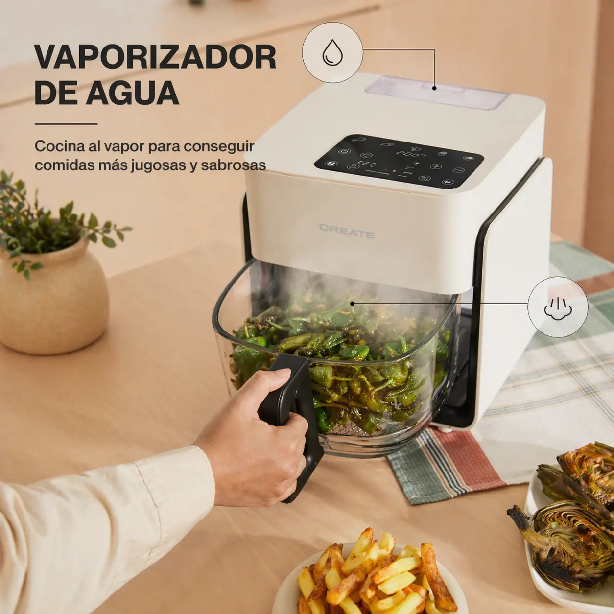 depósito de agua airfryer CREATE Studio Crystal llenado para cocción al vapor