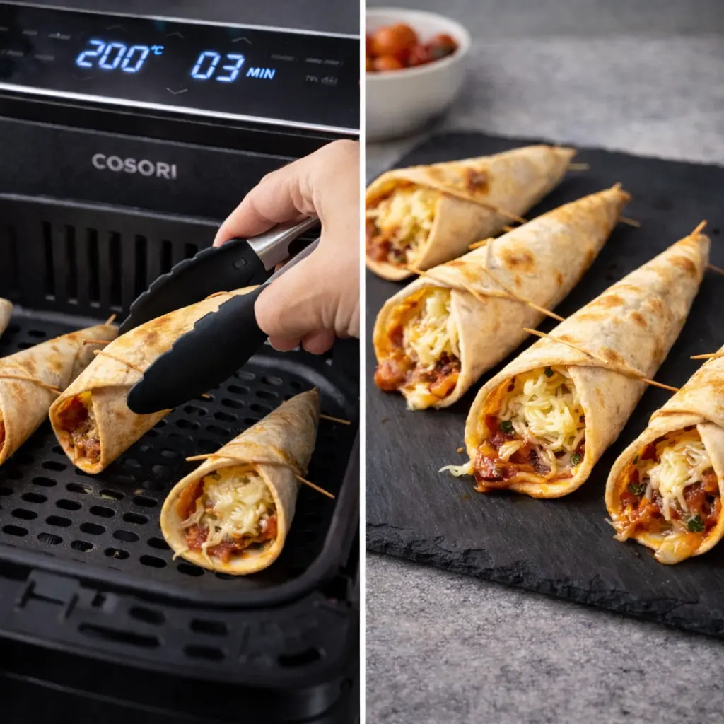 Resultado final de conos de pizza en freidora de aire crujientes