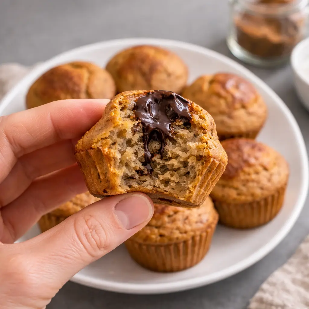 Mano sosteniendo magdalena casera con interior esponjoso y chocolate fundido, con más magdalenas al fondo