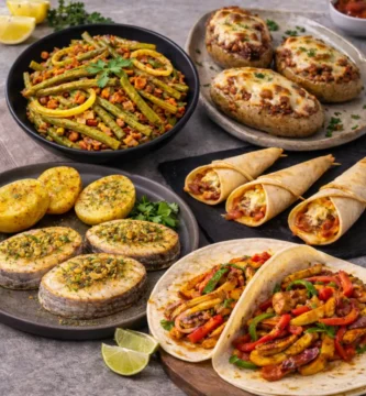 Platos de menú semanal en freidora de aire con judías verdes, patatas rellenas, conos de pizza, merluza y fajitas de pollo listos para servir