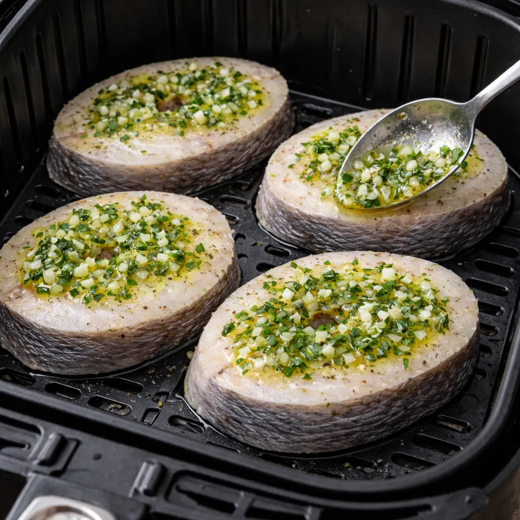 Merluza con aliño de ajo y perejil antes de cocinar en airfryer