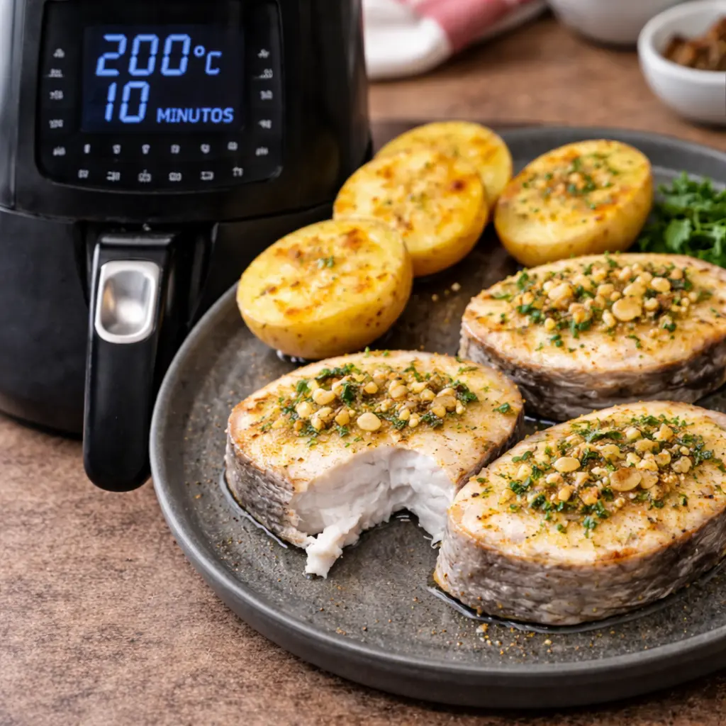 Merluza en freidora de aire a 200 grados durante 10 minutos